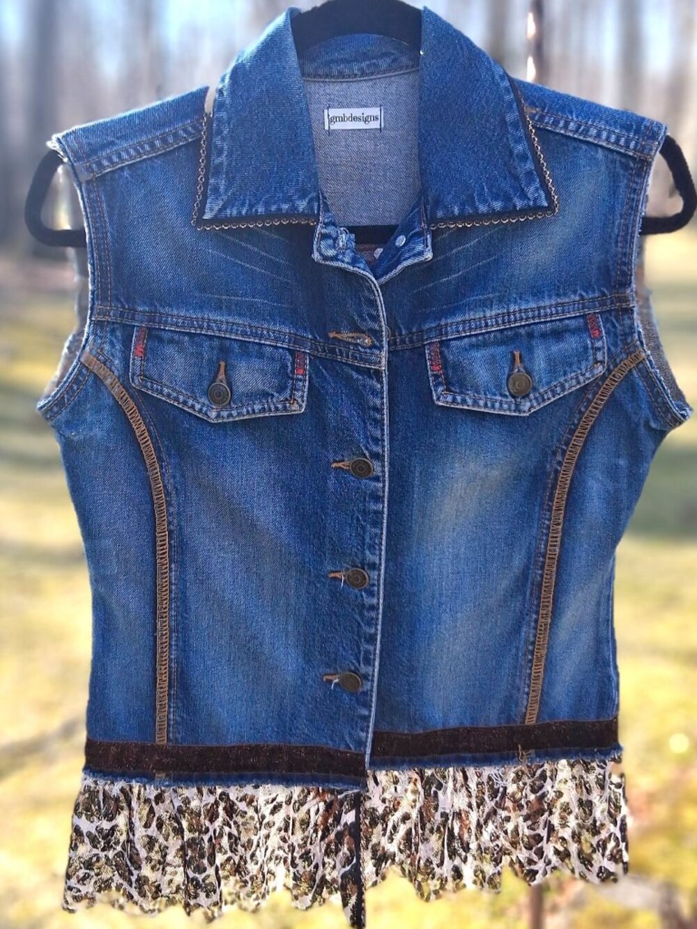 PACIFIC BLUE Upcycled Denim Vest with Leopard Print Lace & Glittery Trim - Size